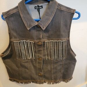 Bebe Charcoal Denim Vest with Beaded Accents